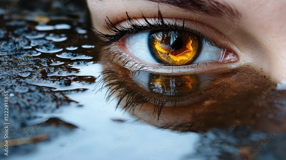 Poster reflective eye gaze in a puddle showcasing nature's beauty with ample space for creative text or bra