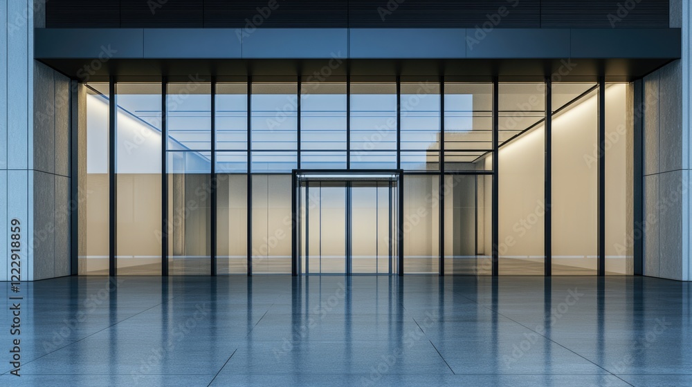 Poster Modern office building entrance with large glass windows and open space for text and signage in a minimalist architectural design.