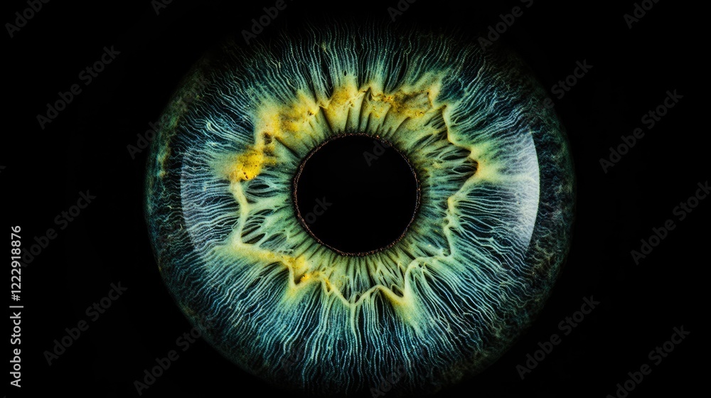 Poster close up of a vibrant green eye with striking horizontal pupil and intricate details against a dark 