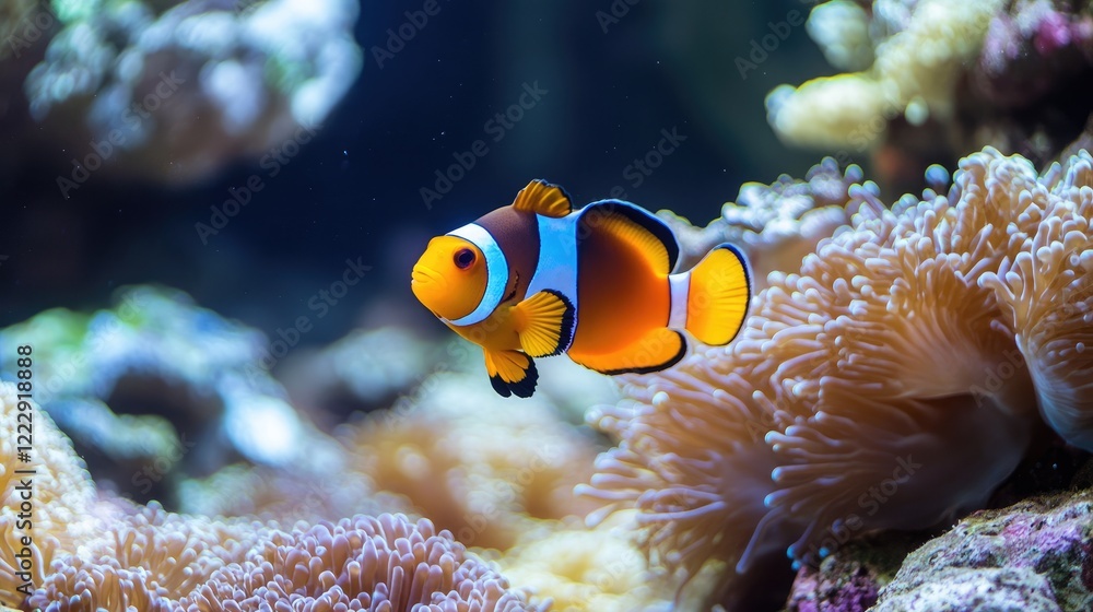 Poster vibrant coral reef scene featuring colorful fish in clear water with ample copy space for marketing 