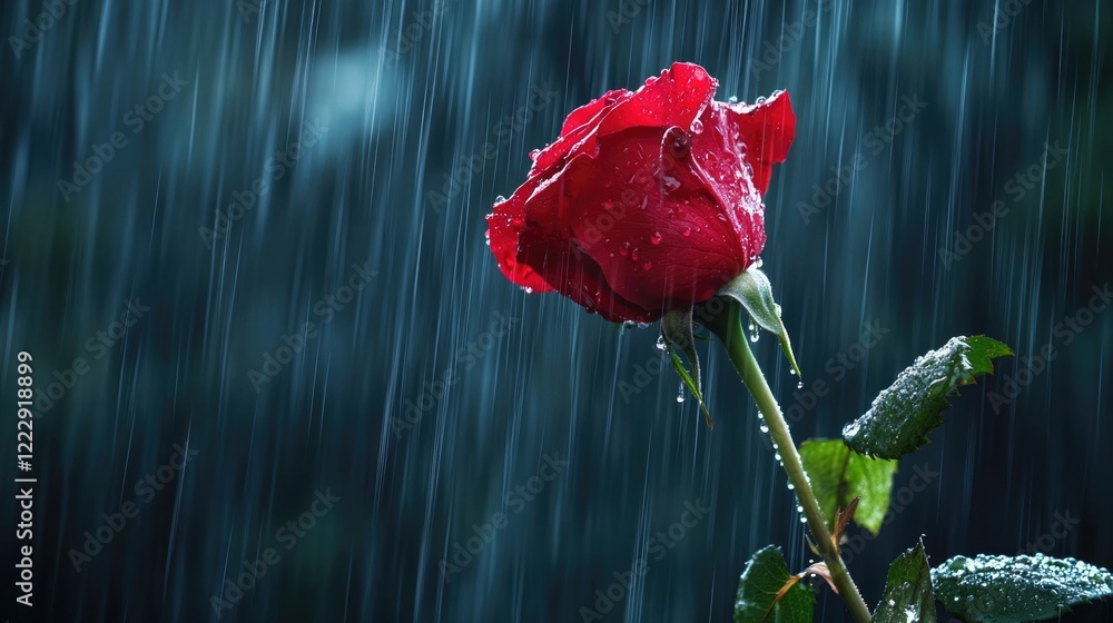 Poster close up of a vibrant red rose glistening with raindrops against a dark background with ample space 
