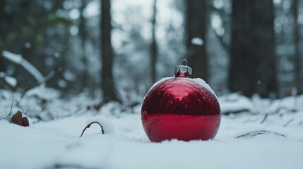 Close up of a shiny red Christmas ornament resting on snow in a tranquil forest setting with ample space for personalized text or messages