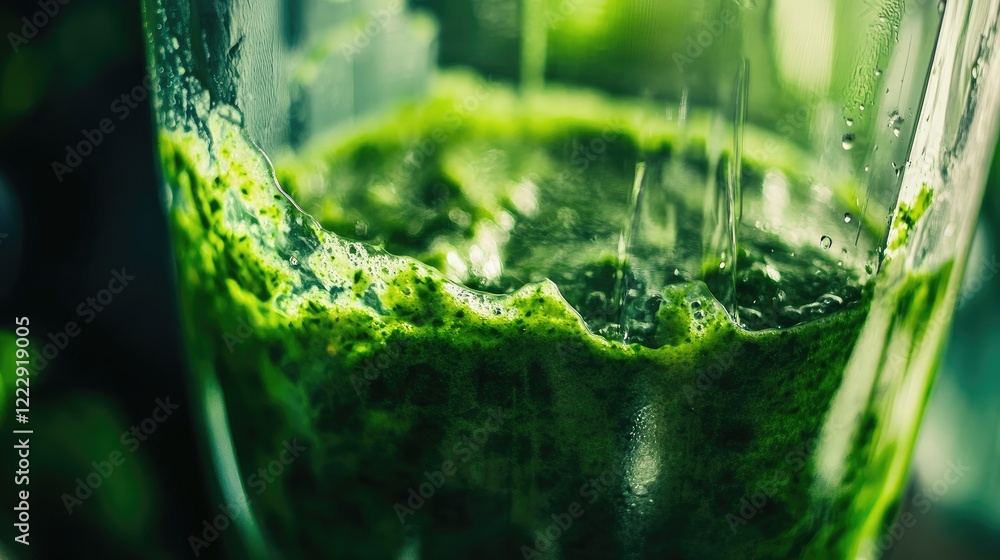 Poster blender filled with vibrant green smoothie close up with blurred background and space for text or br