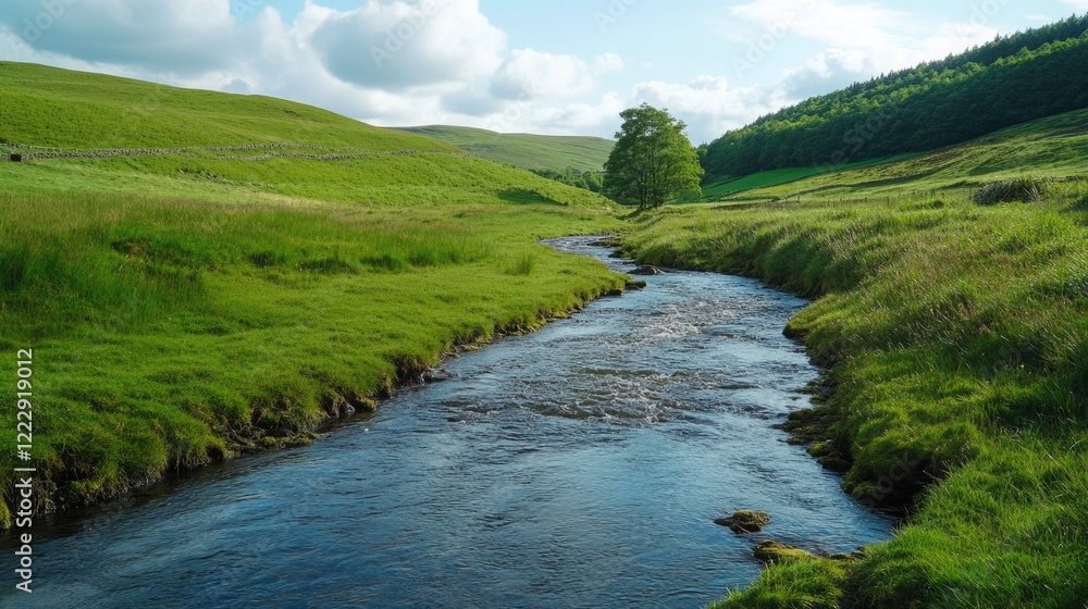 Poster serene green hills landscape with a flowing water stream and expansive copy space ideal for text or 