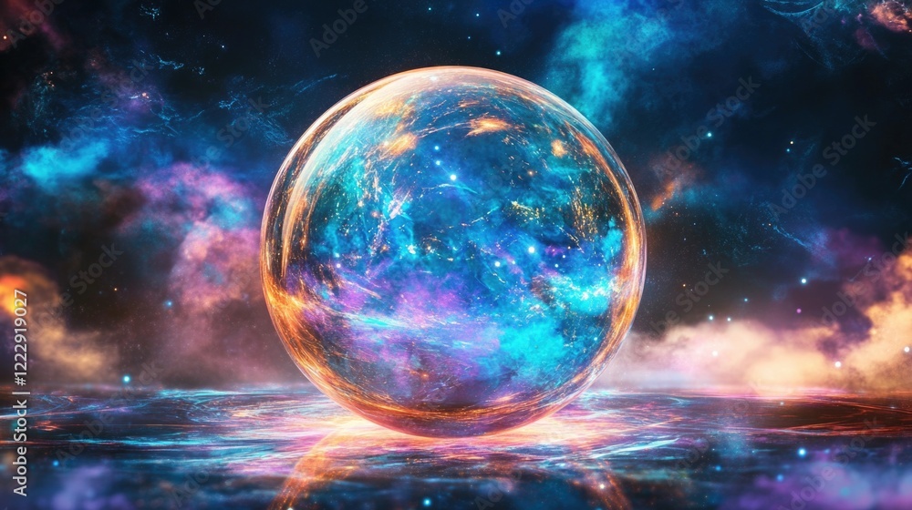 Aufkleber vibrant reflective sphere displaying a spectrum of colors against a cosmic backdrop with ample space