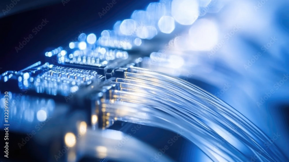 Aufkleber illuminated optical fiber cables with blue light concept of high speed internet technology and netwo