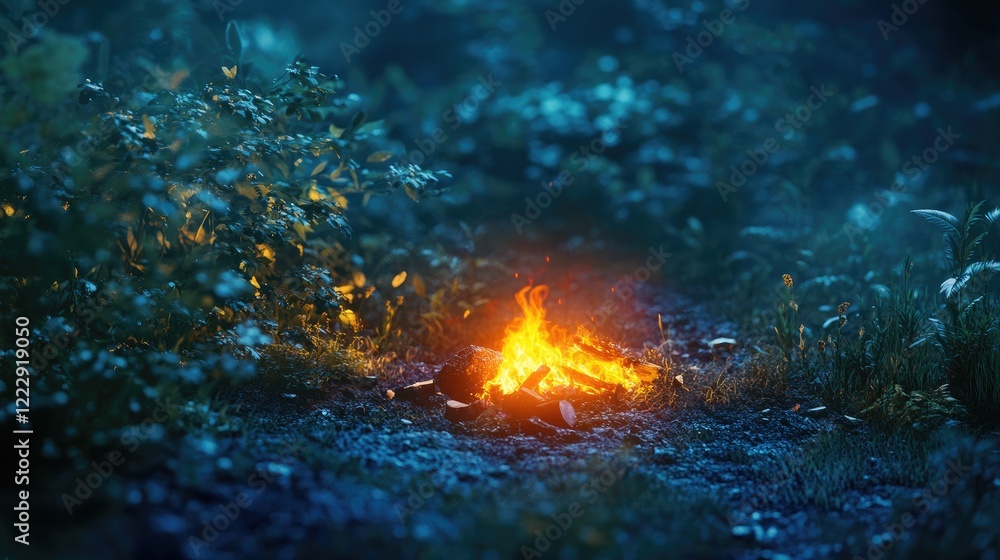 Poster glowing campfire in a serene natural setting perfect for outdoor tourism and inviting empty space fo