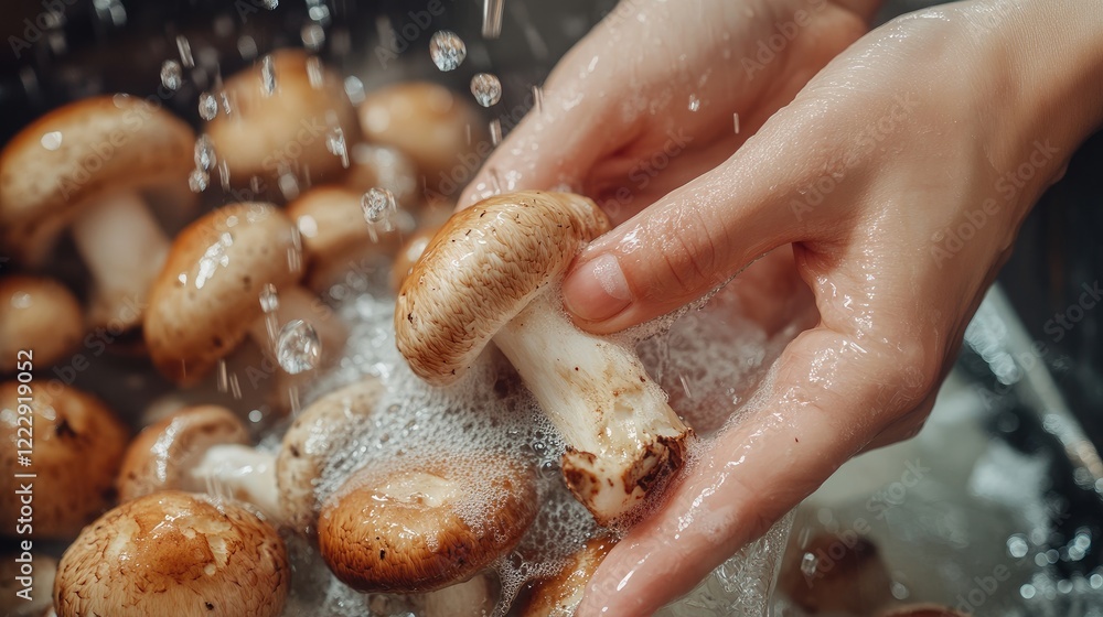 Poster Hands washing mushrooms under running water highlighting freshness and cleanliness with ample space for overlay text