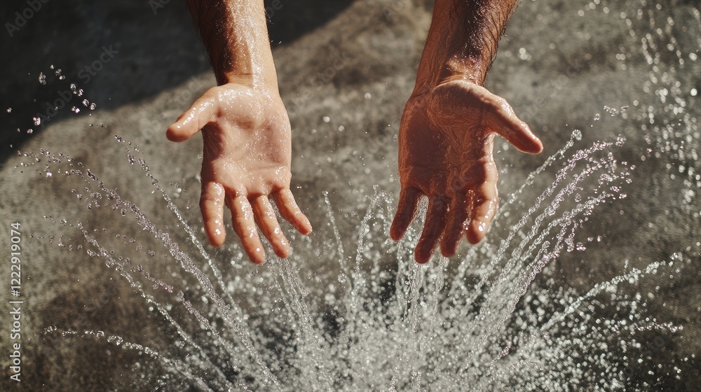 Poster Hands reaching out towards water splashes with dynamic droplets creating a refreshing scene and ample space for text or graphics.