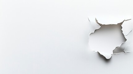 Close up of a torn hole in white paper creating empty space for business concepts and text placements on a clean background