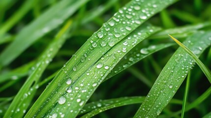Close-up of green grass blades with dew drops glistening in the sunlight.