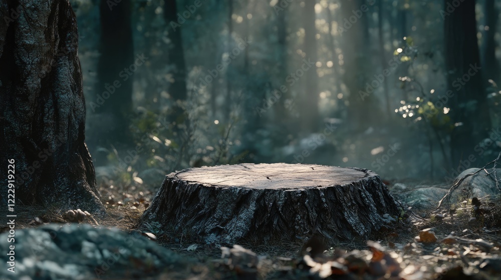 Poster Serene forest landscape featuring a cut tree stump surrounded by soft natural light and empty space for text or graphics