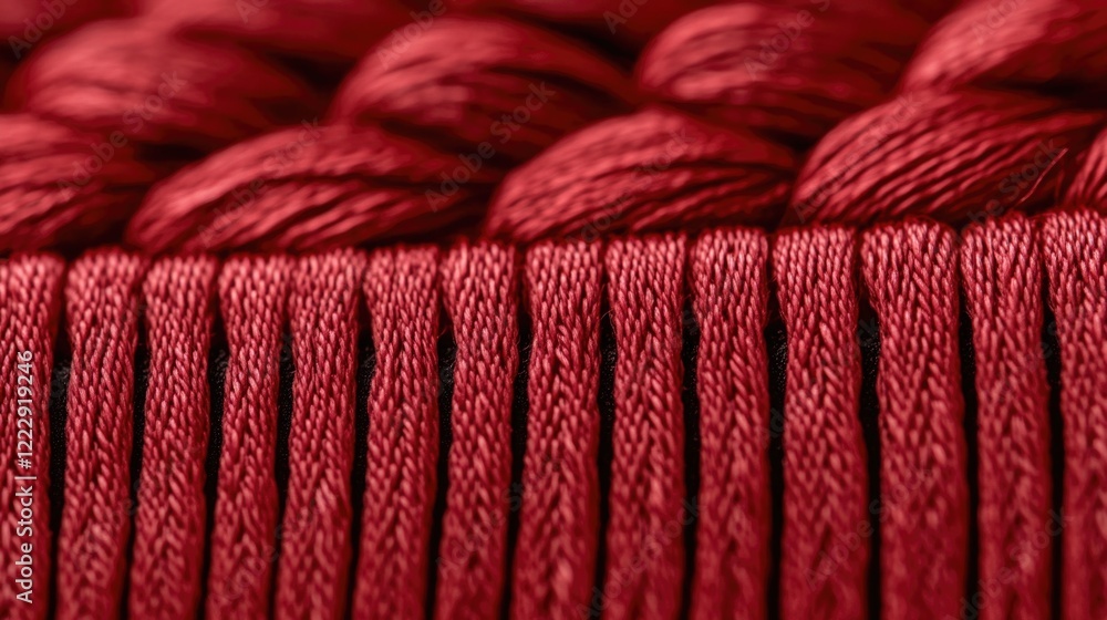 Poster close up of red kumihimo braid showcasing makioka technique with textured threads and ample empty sp