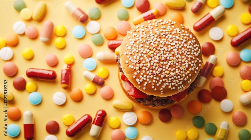 Aufkleber hamburger centerpiece surrounded by vibrant pills and candies on a yellow background with ample copy