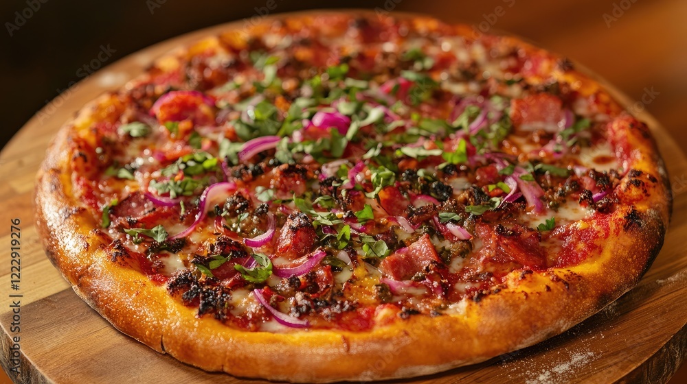 Poster close up of freshly baked pizza with vibrant toppings and herbs on a wooden board with empty space f