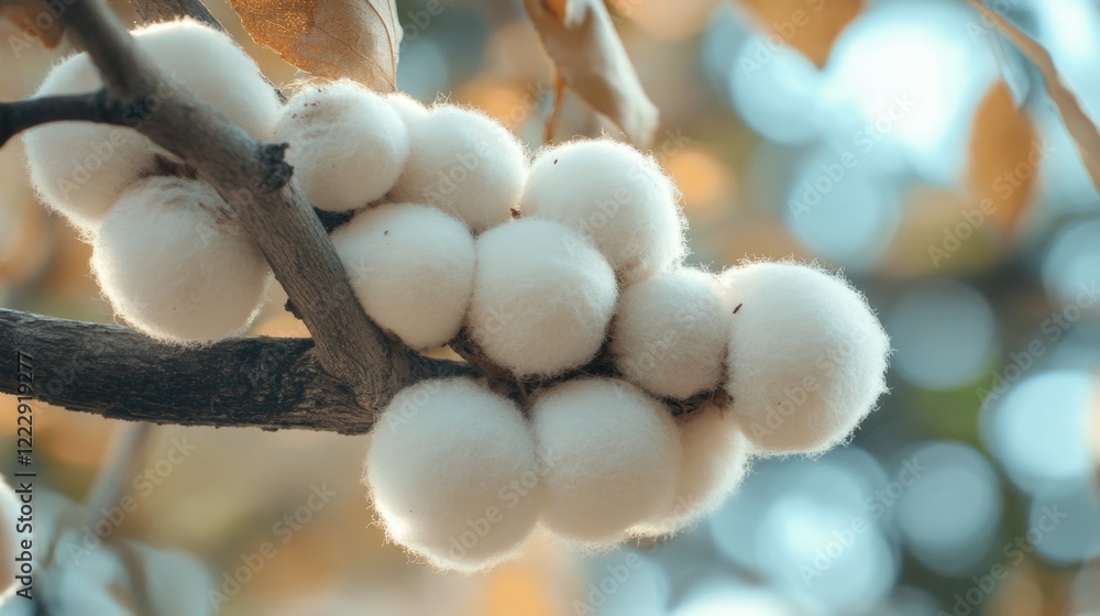 Poster close up of cotton ball mushrooms on tree branch natural background with autumn leaves and soft focu