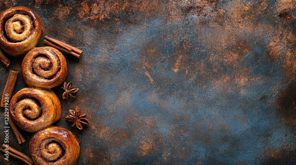 Aufkleber Close up of freshly baked cinnamon rolls with spices on rustic background inviting for text or advertisement placement