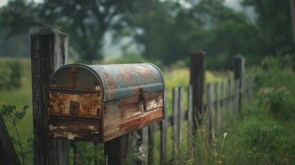 Weathered mailbox amidst lush greenery and fence