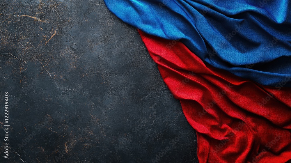 Poster Textured blue and red flag draped on dark concrete background creating a space for personalized messaging or branding applications