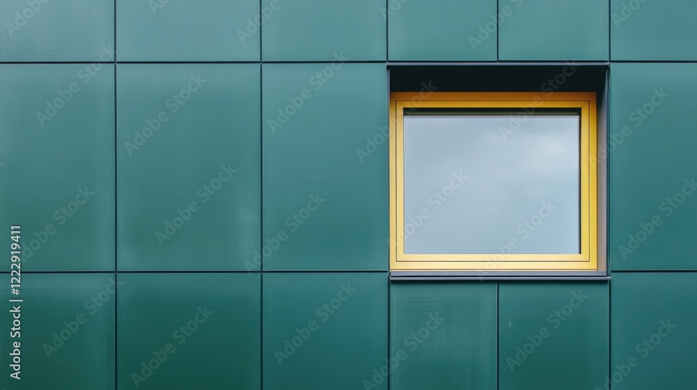 Aufkleber contemporary house exterior featuring green rectangular tiles and a yellow window frame with ample c