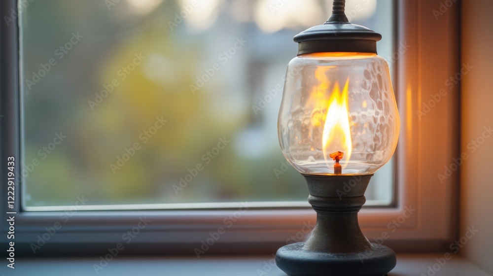Poster Historic gas lamp glowing softly on a windowsill with warm ambiance and inviting empty space for text or design elements