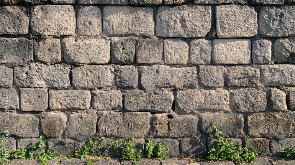 Poster fortress ramparts with ancient stone texture and greenery providing ample empty space for text or gr