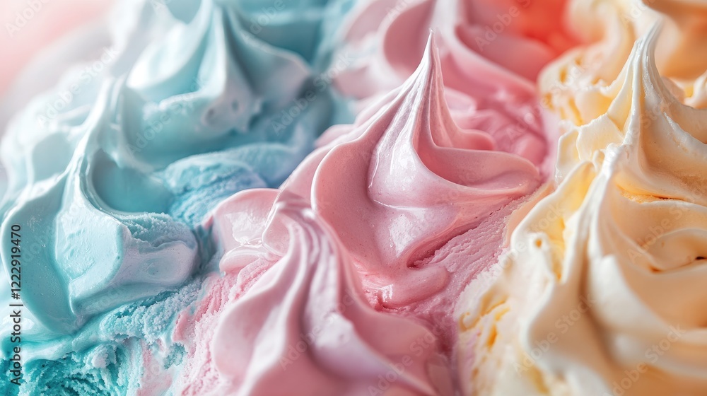 Poster close up of colorful handmade ice cream dessert with swirls of vanilla strawberry and mint flavors o