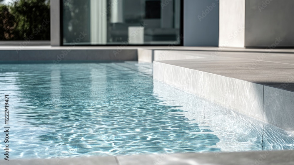 Poster crystal clear water detail in a swimming pool corner with minimalist design and ample space for text