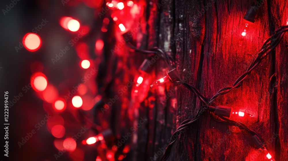 Poster Illuminated red Christmas lights on wooden surface with blurred background creating empty space for seasonal text or greetings