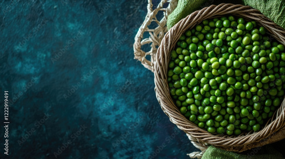 Aufkleber fresh green peas in a rustic woven basket against a textured teal background with ample space for te
