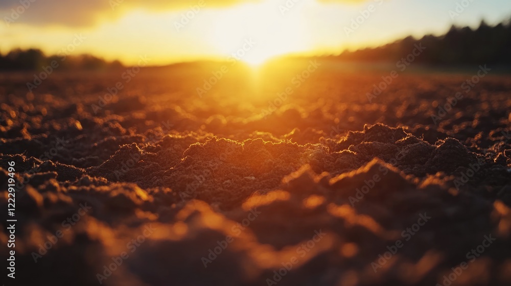 Aufkleber Close up of dry soil at sunset with warm light and empty space for adding text or messages in nature themed projects