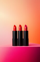 Trio of cosmetic lipsticks in classic red shades with sleek black packaging.