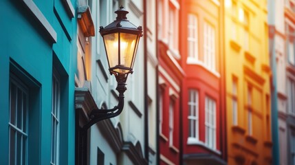 Stylish street scene with colorful buildings and vintage lamp post illuminating empty space for text or advertisement purposes
