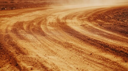 Sandy dirt bike track with drifting tire marks and empty space for text suitable for sports or outdoor adventures advertising.
