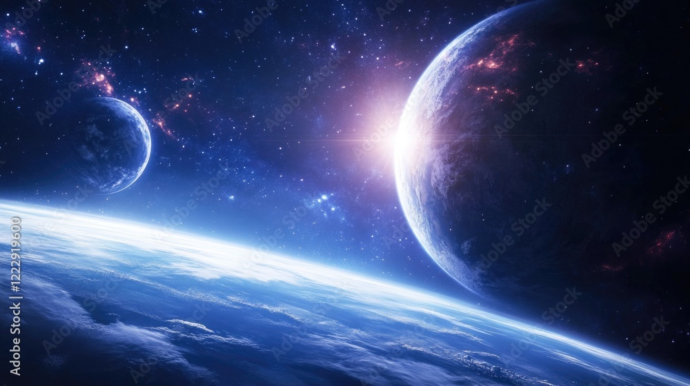 Poster stunning view of earth and moon in space with cosmic backdrop featuring stars and planets ideal for 