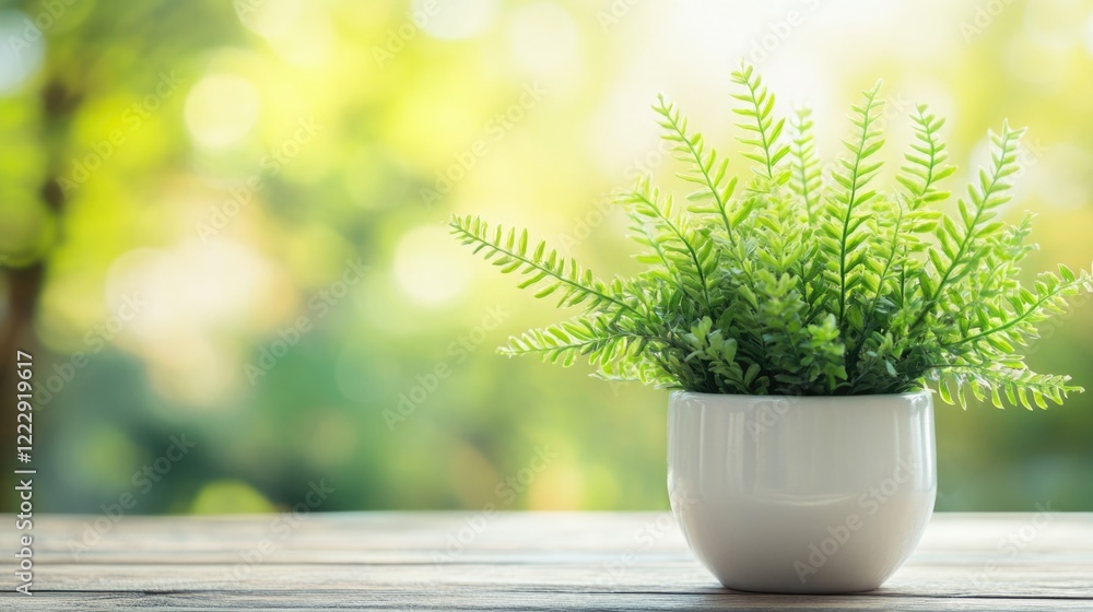Poster close up view of a classic fern bush in a white pot outdoors with a blurred background and empty spa