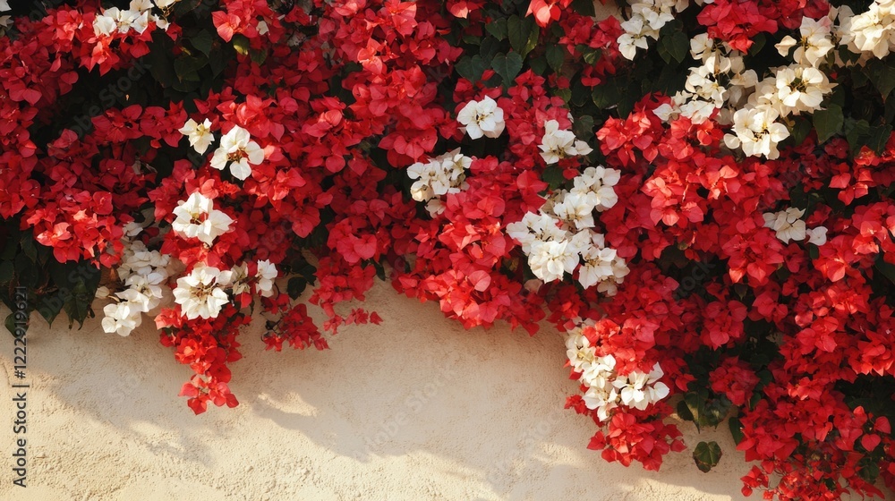 Aufkleber Vibrant red and white bougainvillea flowers cascading on a wall with ample empty space for text or design integration
