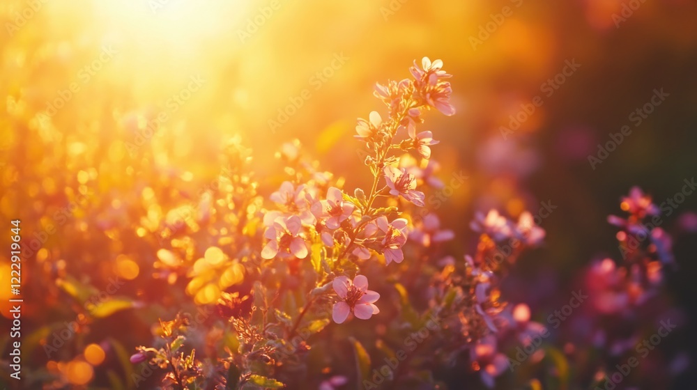 Poster Bee Collecting Nectar on Vibrant Flower Under Golden Hour Light with Soft Focus and Space for Text Overlay