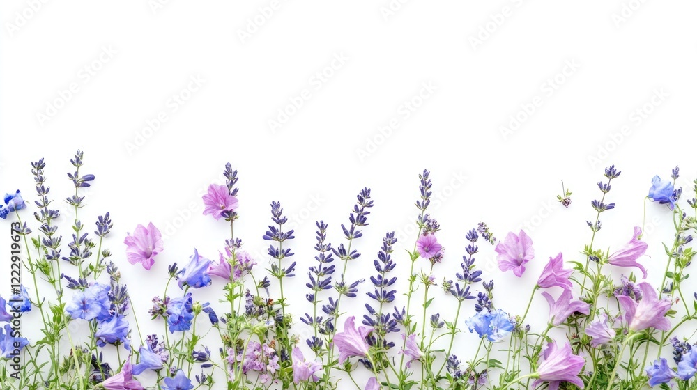 Poster bellflower garden arrangement on white backdrop with ample empty space for text or design integratio