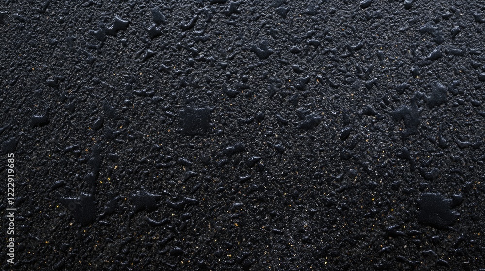 Poster Close up of rain droplets on dark asphalt road surface with textured patterns and ample empty space for text or design elements