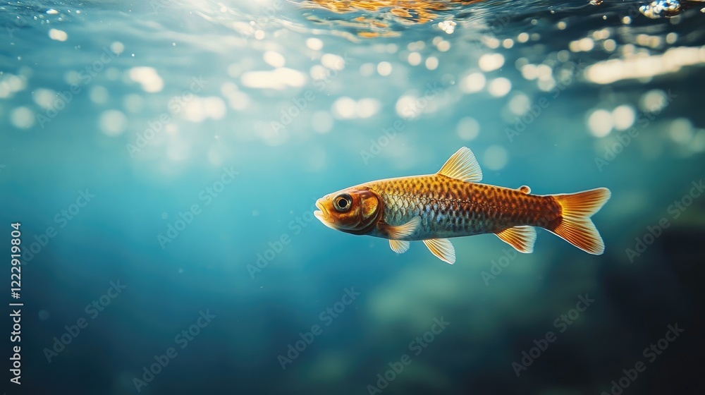 Poster Vibrant close-up of a fish gliding through clear blue water with ample space for text placement and design elements