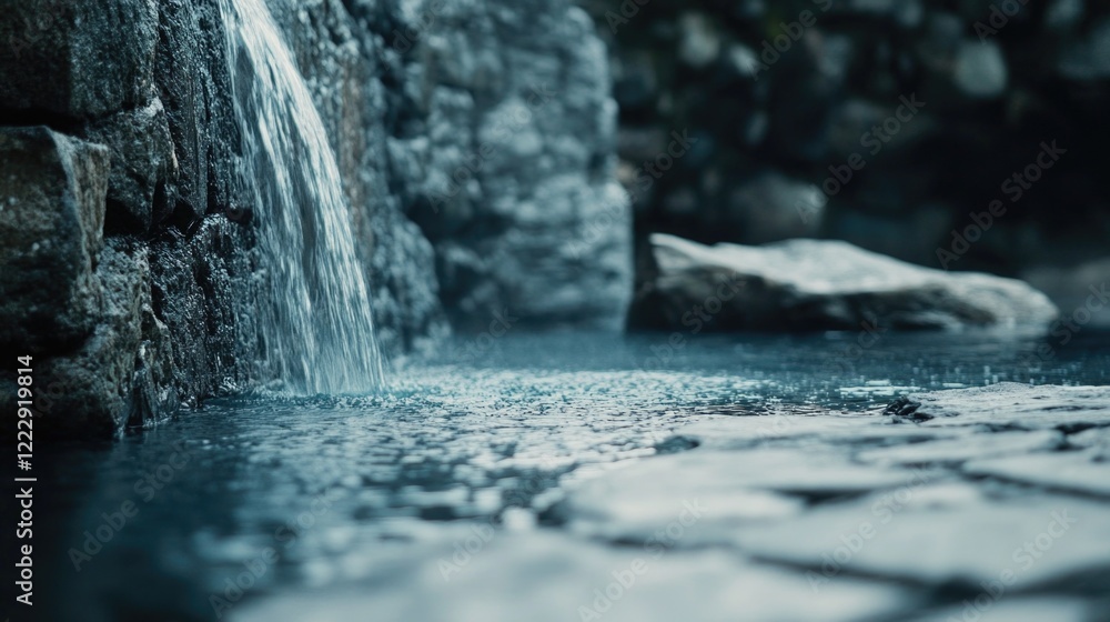 Aufkleber Tranquil close up of a serene stone waterfall creating a calming atmosphere with space for text or branding in a natural setting