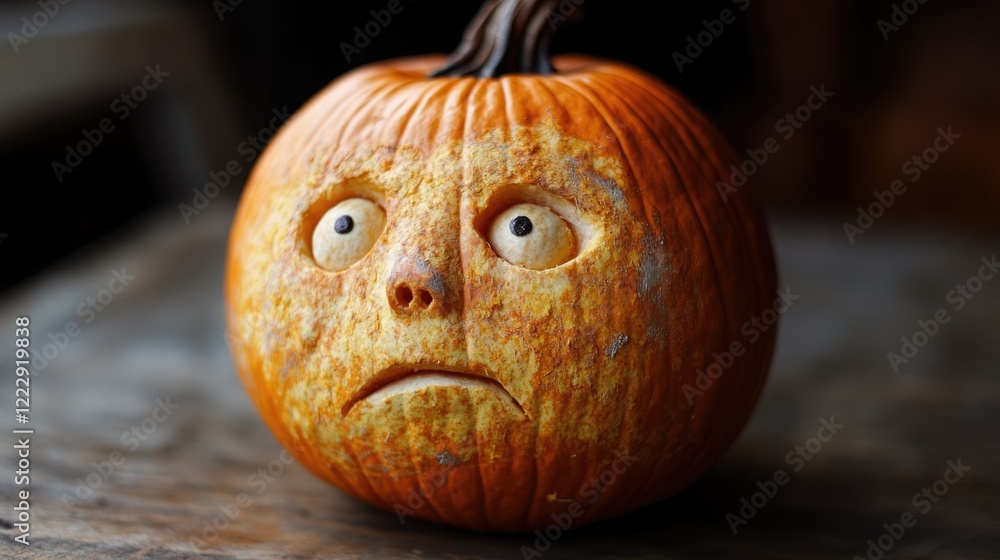 Poster sincere expression carved pumpkin close up halloween theme with empty space for text on wooden surfa