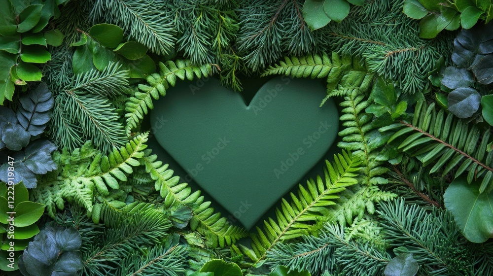 Aufkleber Heart shaped conifer leaves framed by lush greenery with empty space for text ideal for botanical or eco-friendly themes