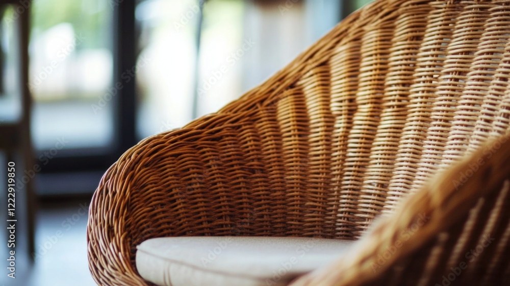 Poster wicker chair detail in a stylish gaming lounge with ample empty space for text and a modern, relaxed