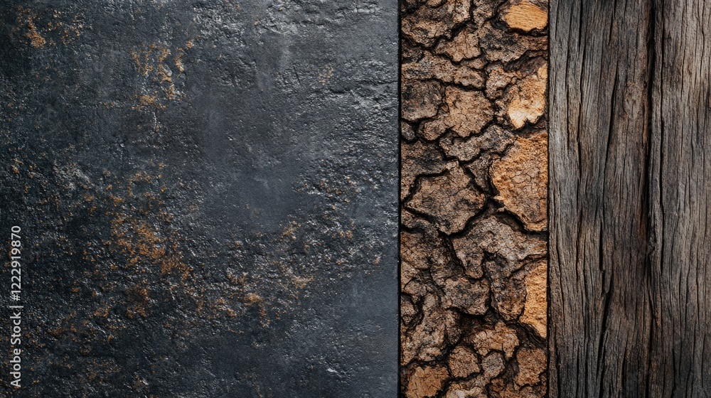 Aufkleber Close up view of textured wood surface and tree bark with blank area for text placement and design elements in natural tones.