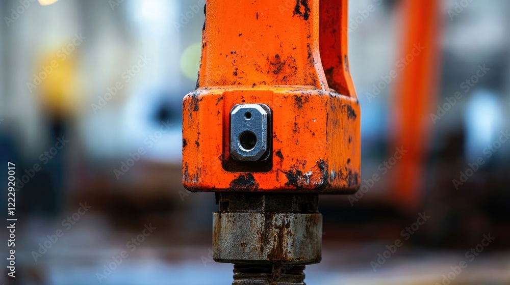 Poster close up of a rusty hydraulic orange hammer highlighting wear and tear with empty space for customiz