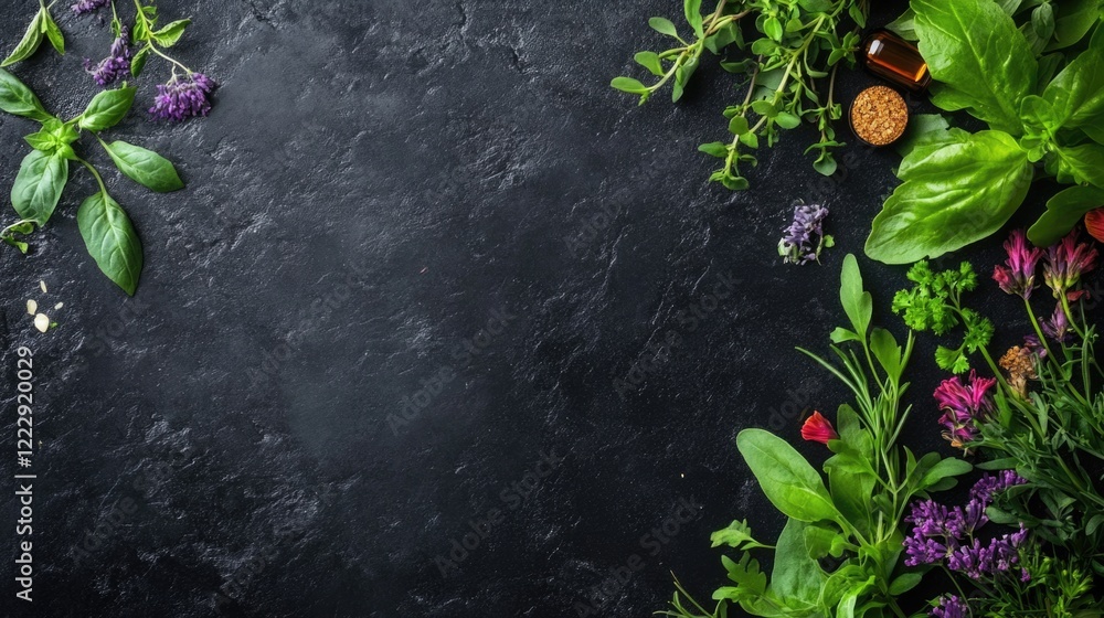 Poster Vibrant essential oils with fresh herbs displayed on a black background offering ample copy space for text or branding elements