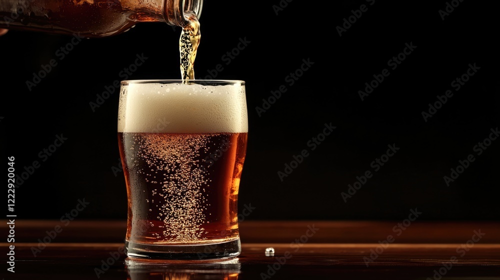 Poster Close up of bartender pouring refreshing craft beer into a pint glass with bubbles and foam against a dark background for creative text placement