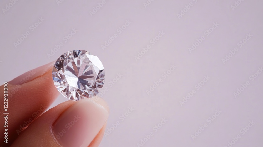Poster close-up view of a flawless diamond held between fingers against a white background with blank space